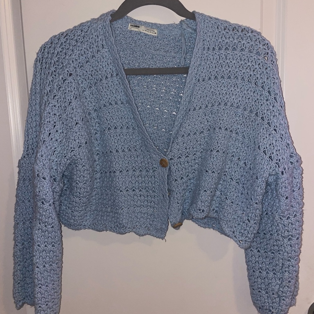 Blue Knit Cropped Cardigan